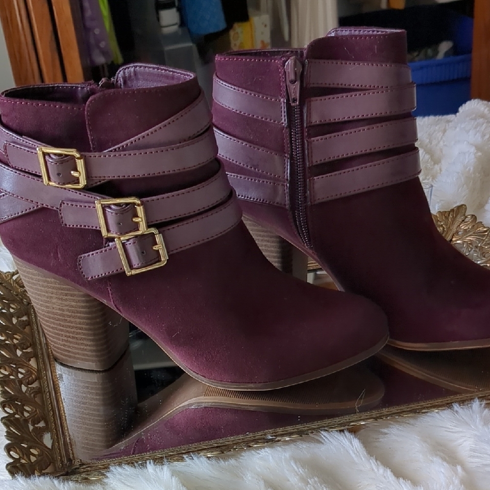 Material Girl Purple Heeled Boots with Chunky Heel and Strappy Design